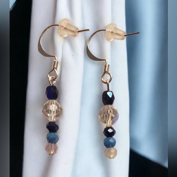 Tiny Blue, Black & Crystal Beaded Hand Crafted Drop Earrings - Picture 1 of 6